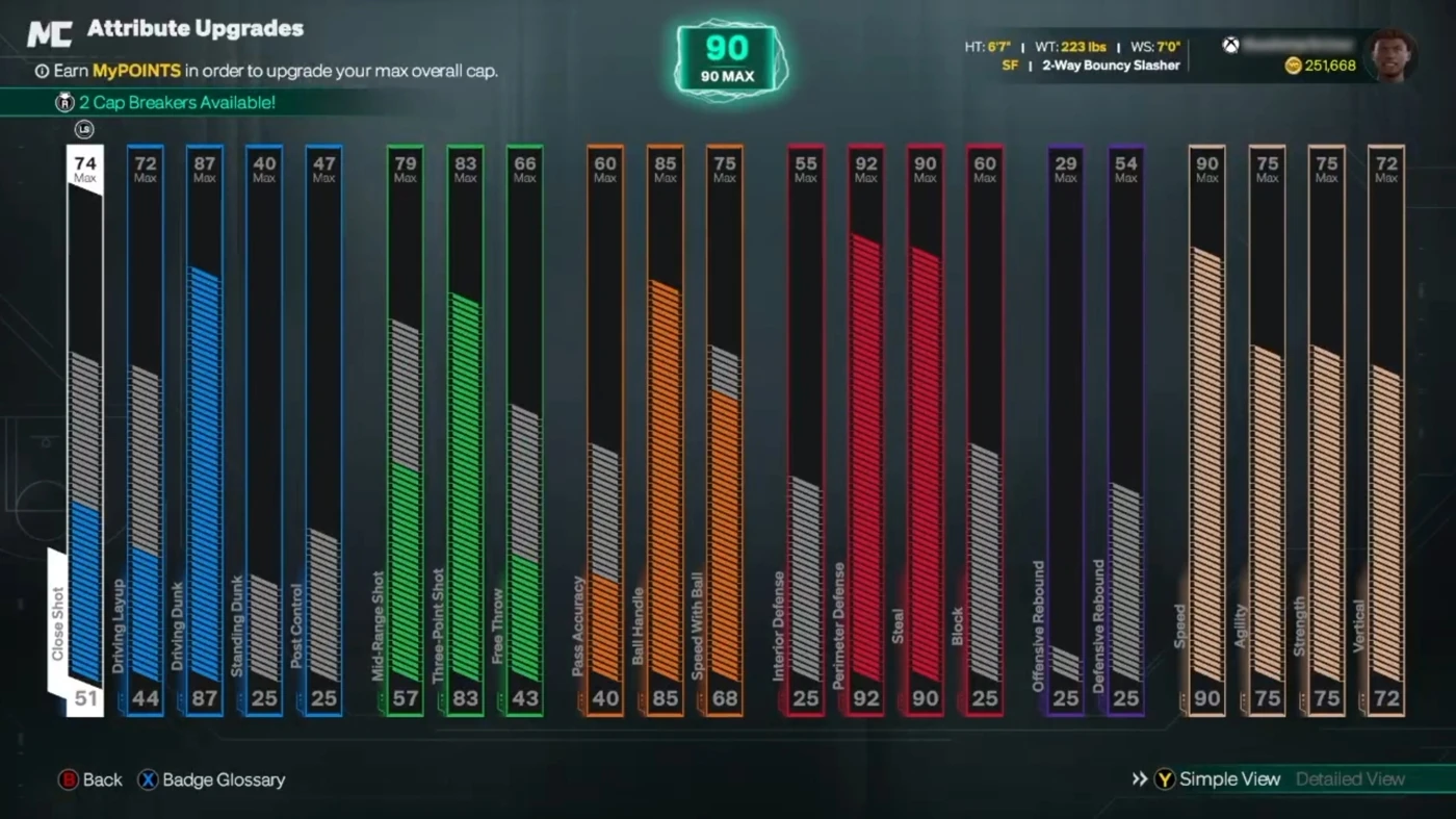 Xbox 90 current and 90 maximum OVR 2-Way Bouncy Slasher with two available Cap Breakers