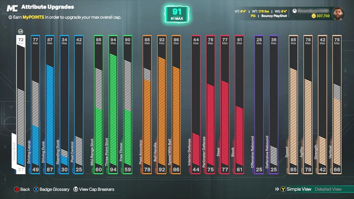 Xbox 91 OVR Bouncy PlayShot with 337,703 VC and 94 three-point shooting