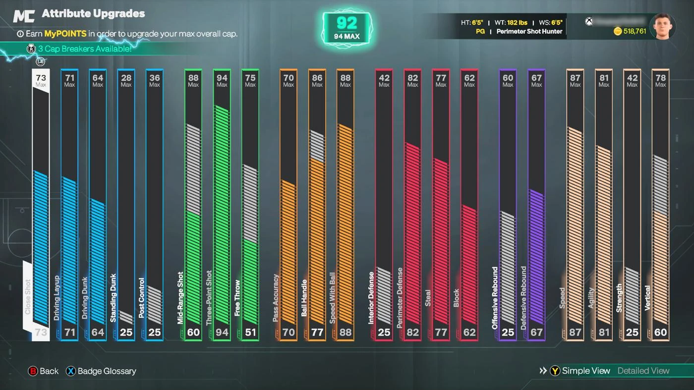 92 current and 94 maximum OVR Perimeter Shot Hunter with 518,761 VC