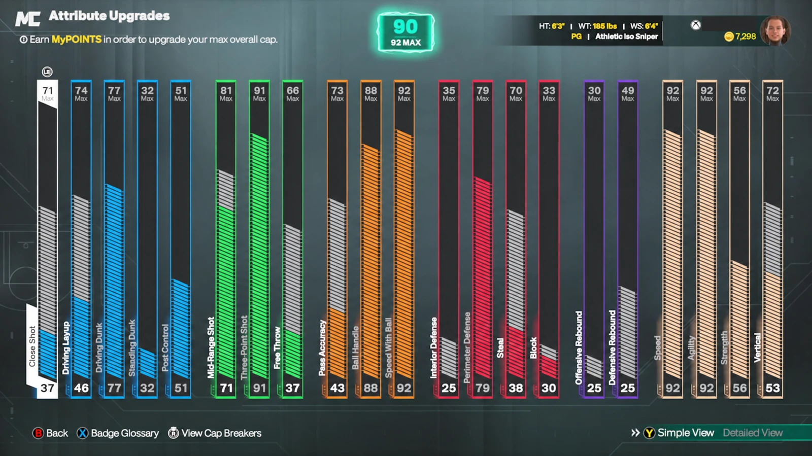 90 current and 92 maximum OVR Athletic Iso Sniper, 7,298 VC; gamertag obscured