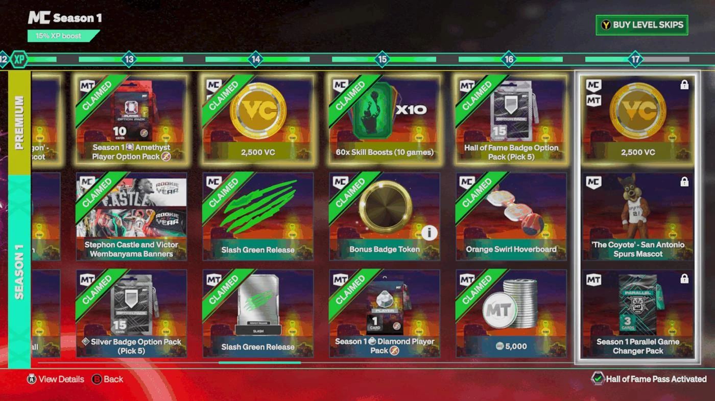 Historical Season 1 Level 16 rewards with Hall of Fame Pass activated